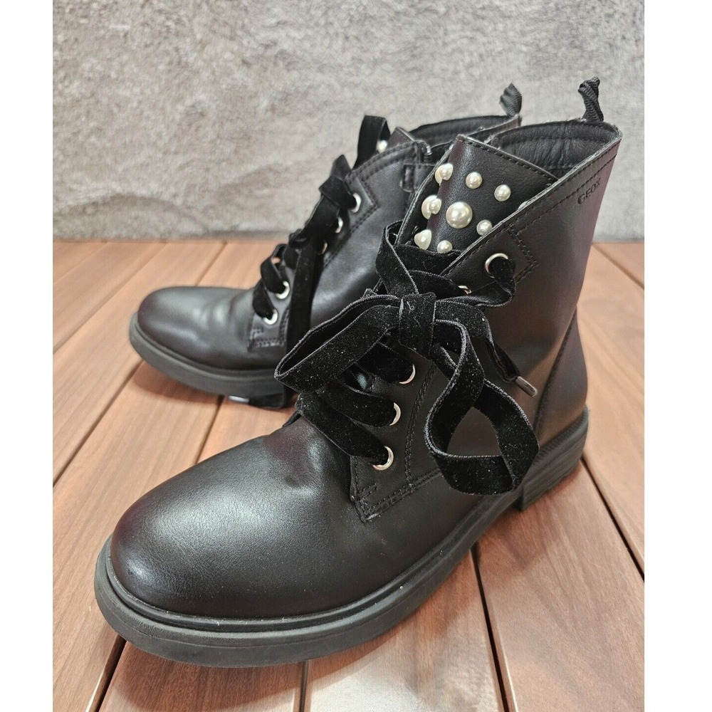 Geox Combat Boots Black Pearl Velvet Ribbon Side Zip Kids 5.5 Women 7 EU 38 NEW